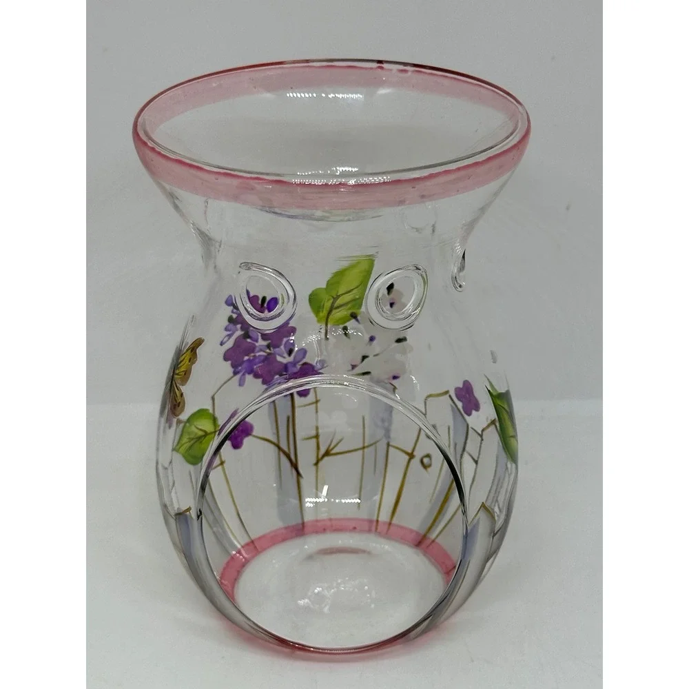 VTG Hand Painted Glass Oil Wax Warmer Lilac Floral Butterfly Clear Pink Trim
